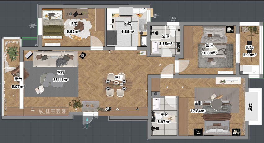 吴波｜仁恒翠竹园28-2-303-117㎡-现代简约风格｜3室2厅2卫｜旧房装修｜定制家｜全包13万｜00_03平面彩图
